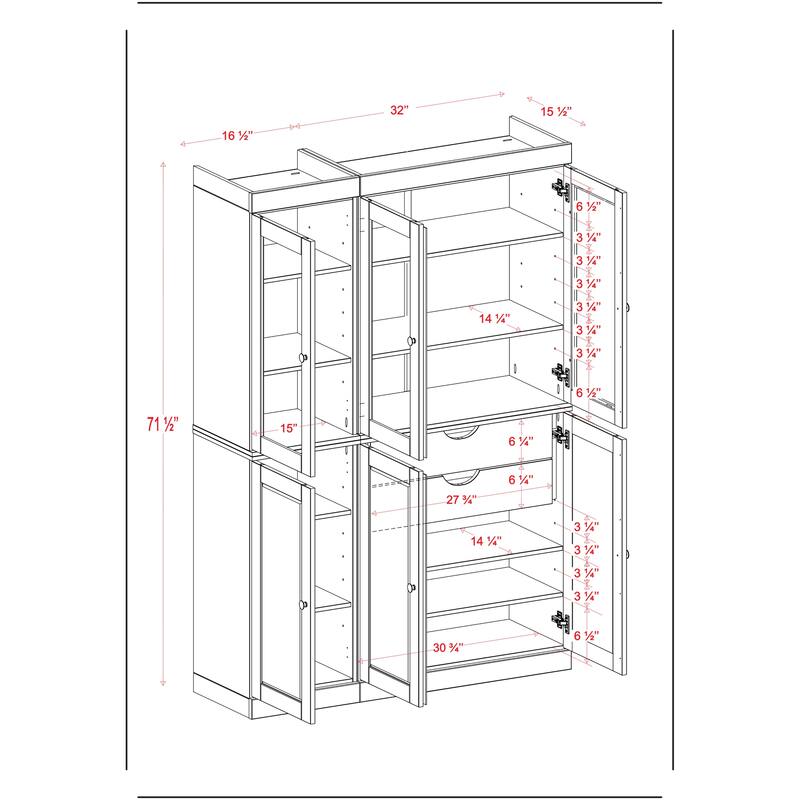 Palace Imports 100% Solid Wood 48.5" Pantry Cabinet with Clear Glass, Shaker Doors, 2-Drawers and Adjustable Shelves