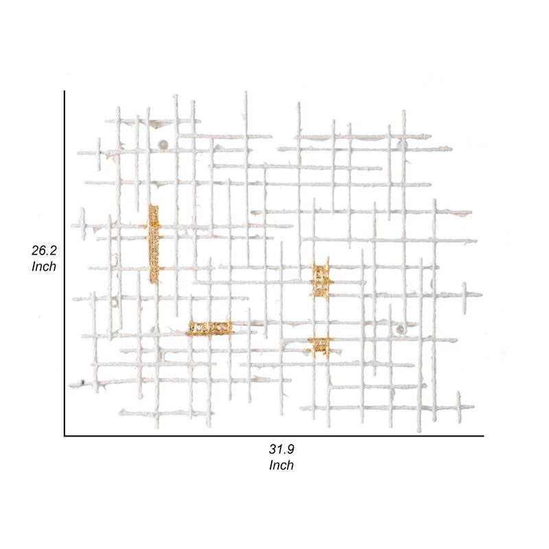 Rio 32 Inch Wall Art Decor, White and Gold Geometric Abstract Design, Iron