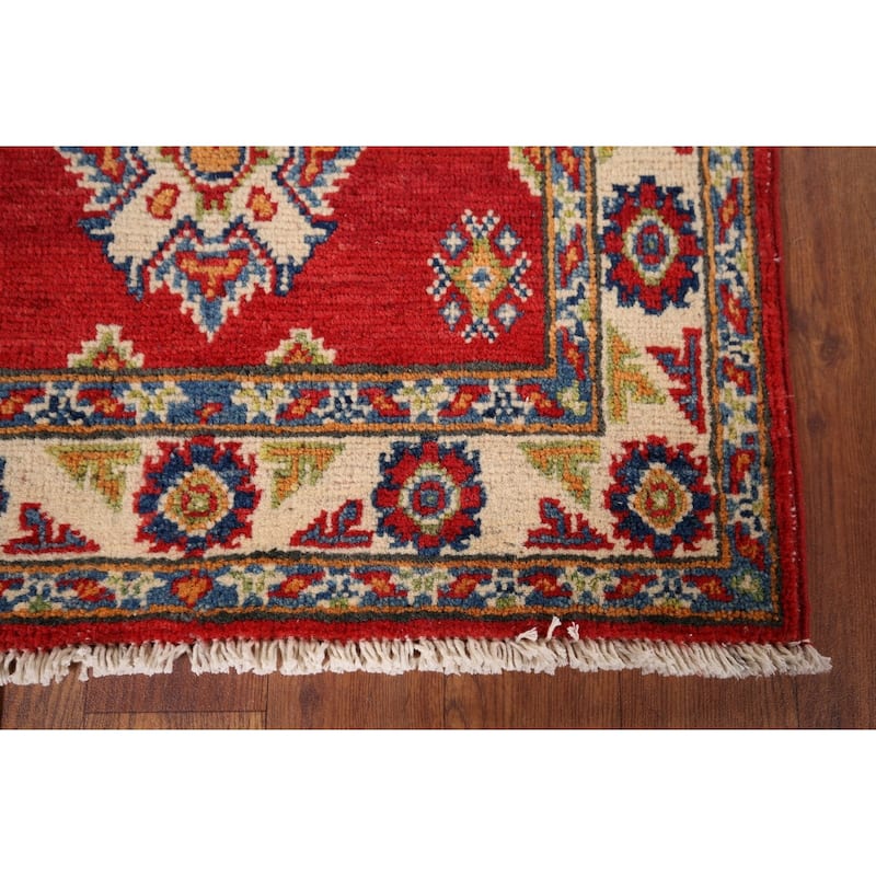 Red Geometric Kazak Oriental Accent Rug Hand-Knotted Wool Carpet - 1'11" x 3'3"