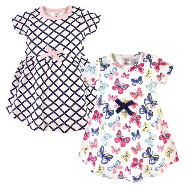 slide 1 of 1, Touched by Nature Baby and Toddler Girl Organic Cotton Short-Sleeve Dresses 2pk, Bright Butterflies 2T - Baby Toddler Bright Butterflies Short Sleeve
