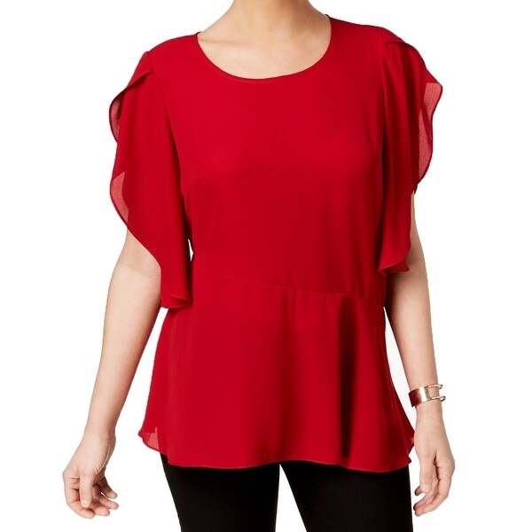 NY Collection Red Womens Size Small S Peplum Flutter Sleeve Blouse