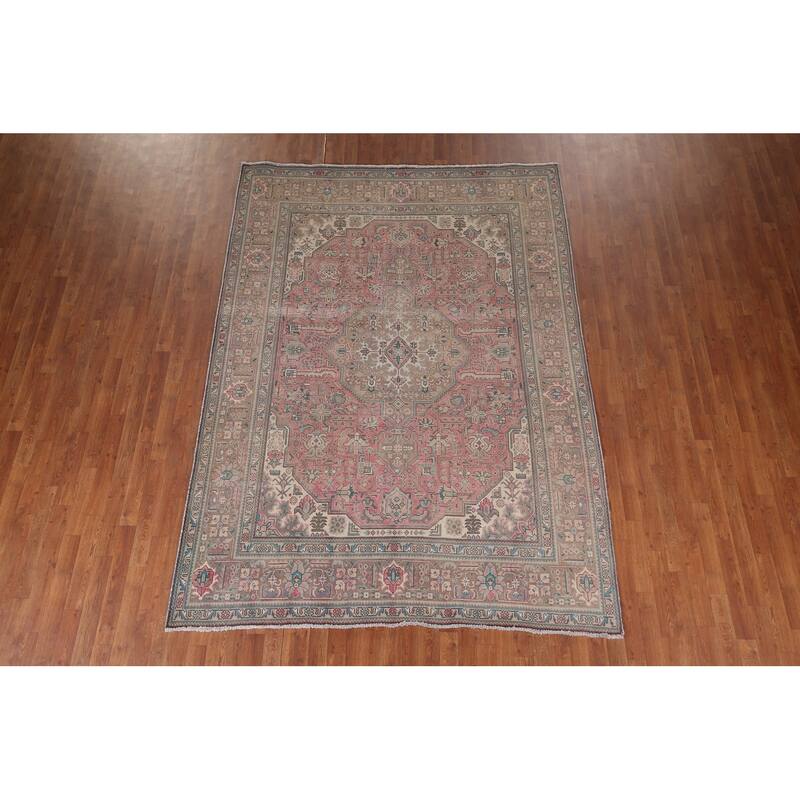 Pink Tabriz Persian Vintage Rug Hand-Knotted Traditional Wool Carpet - 6'9"x 9'8"
