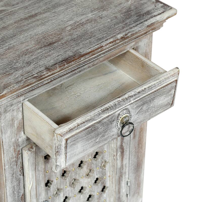 Distressed Mango Wood Nightstand with Drawer & Cabinet, Bedroom Bedside Cabinet