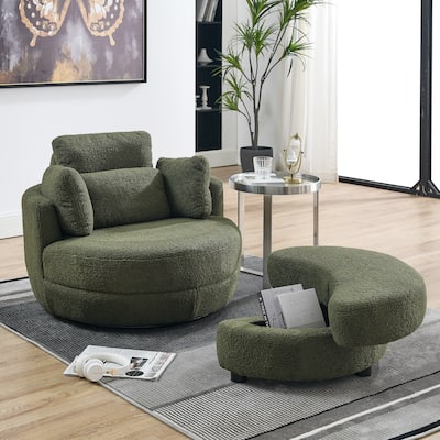 Oversized Swivel Cuddle Barrel Chair with moon storage ottoman