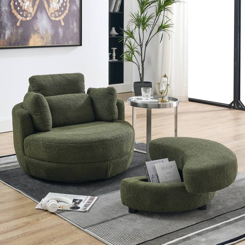 Oversized Teddy Fabric Swivel Barrel Chair with Moon Ottoman & 4 Pillows - Green