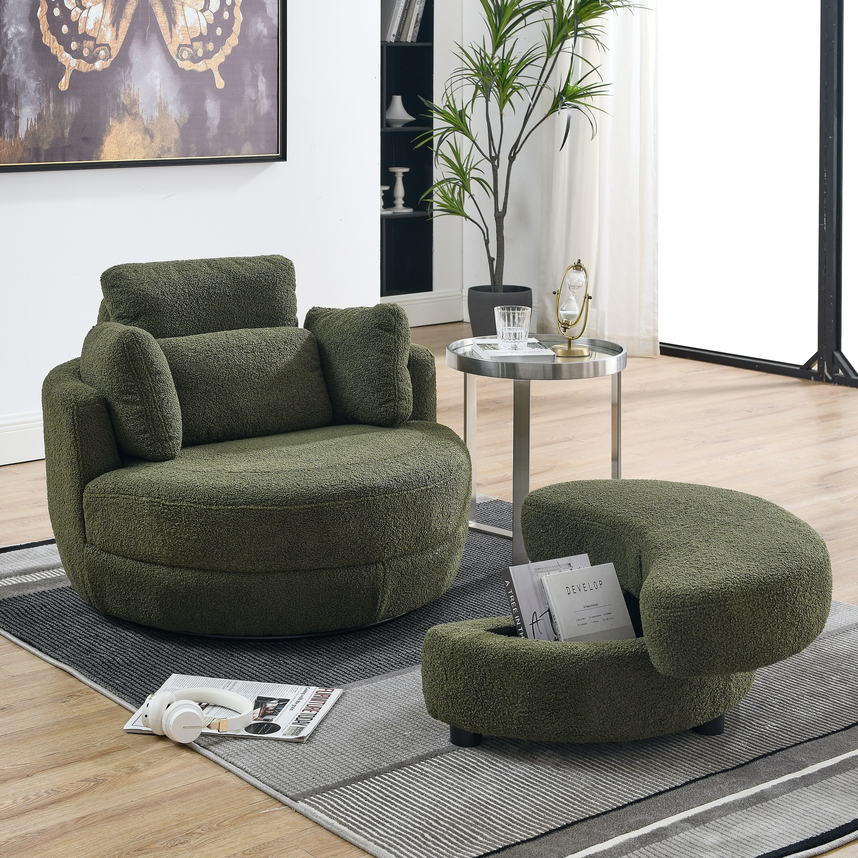 Round Swivel Sofa Chair Low Seat Loveseat Circle Barrel Chairs Cuddle Sofa Chair Lounger Armchair with Moon Storage Ottoman