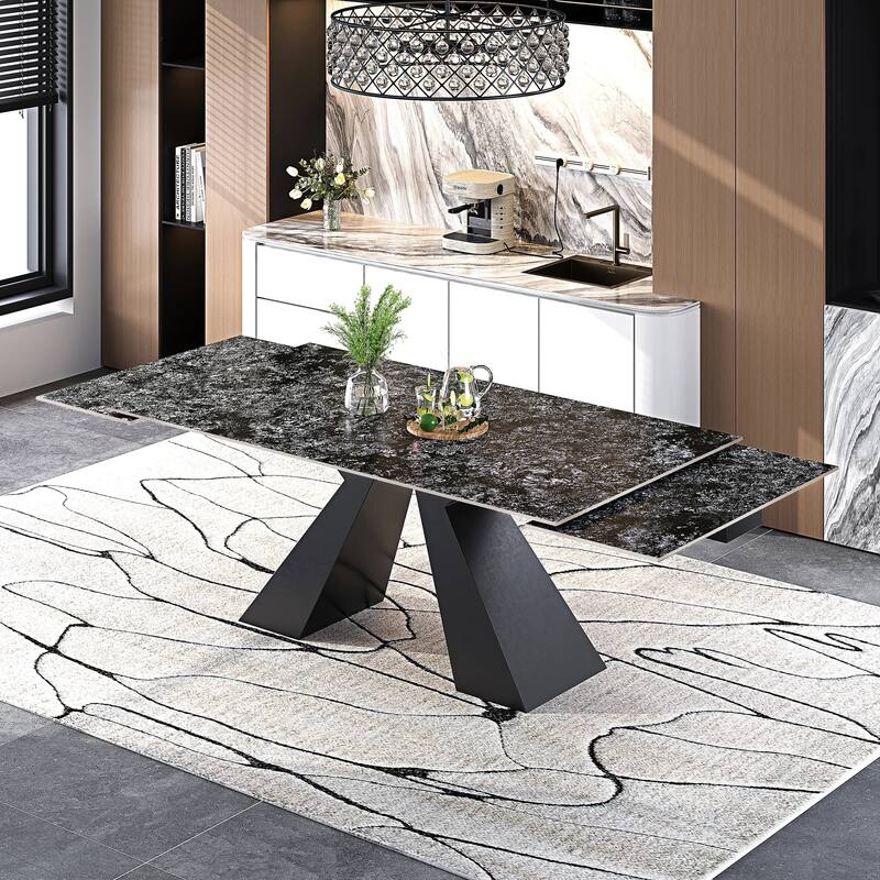 110.24" Extendable Rectangular Sintered Stone Double Pedestal Dining Table Seat 8-12