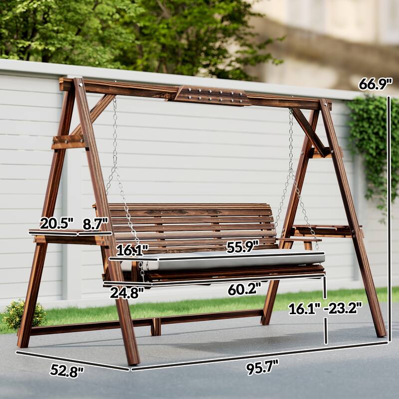 Outsunny 3 Seat Porch Swing with Stand, Wooden Patio Swing Chair with Cushion, Side Trays and Metal Chains