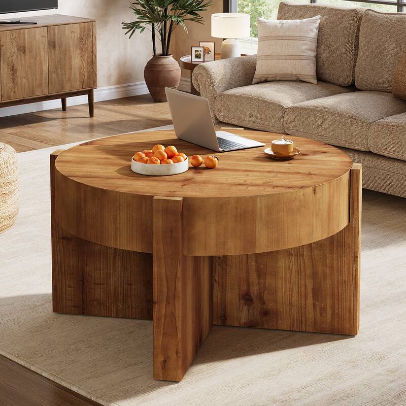 31.5 Inch Round Coffee Table for Living Room, All Solid Wood Construction - 31.5" D x 31.5" W x 18.5" H - Rustic Brown