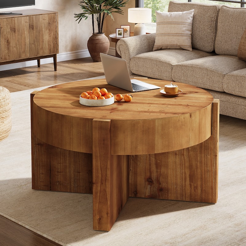 31.5 Inch Round Wood Coffee Table for Living Room - 31.5" D x 31.5" W x 18.5" H