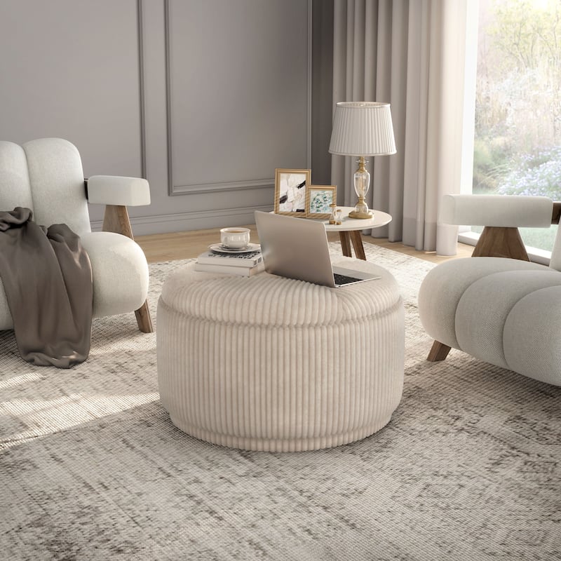 Furniture of America Elyndra 29-inch Round Chenille Storage Ottoman - Beige Pink