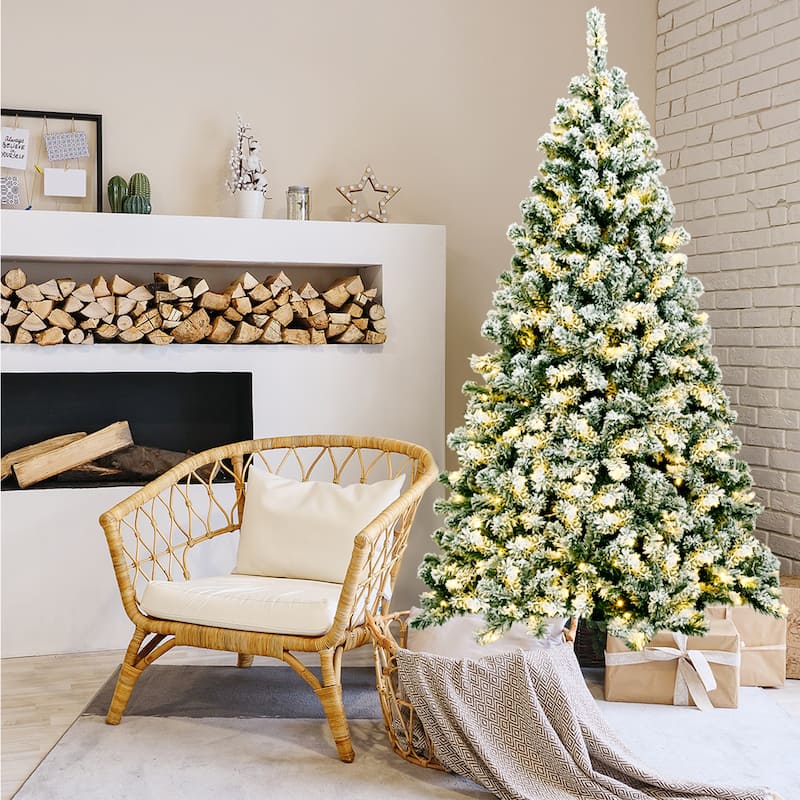 Gymax 6ft Pre-lit Snow Flocked Christmas Tree Hinged Pine Tree Holiday - See Details