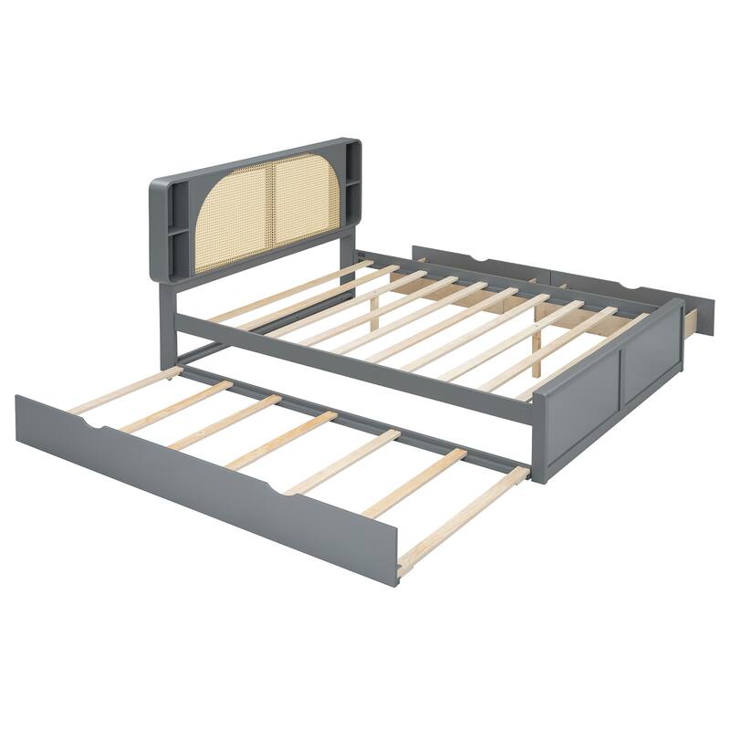 Queen Platform Bed with Rattan Headboard, 2 Storage Drawers and Pull-Out Trundle, with Built-In Compartments
