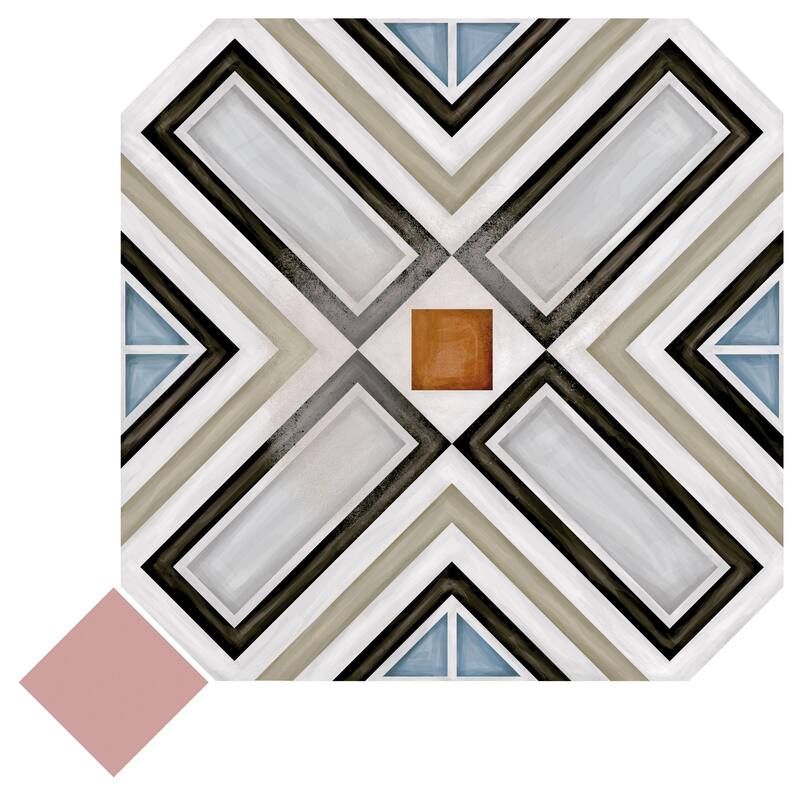 Merola Tile Vaudeville Octagon Deco Ritter with Taco Pink 7-7/8" x 7-7/8" Porcelain Floor and Wall Tile