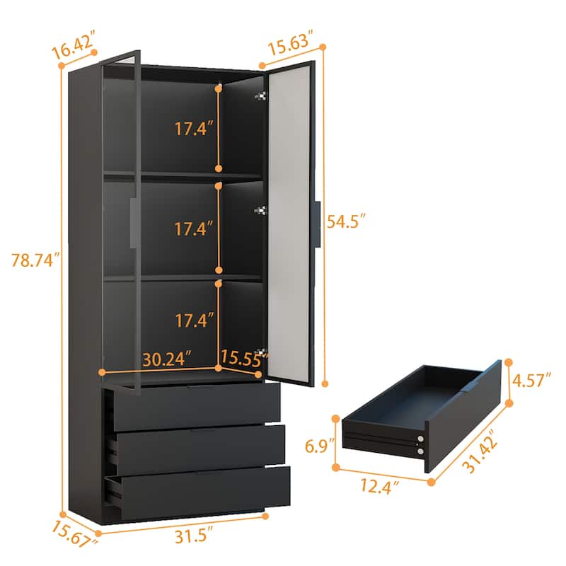 79"Hx31.5"W Lighted Display Cabinet with Glass Doors Bookcase