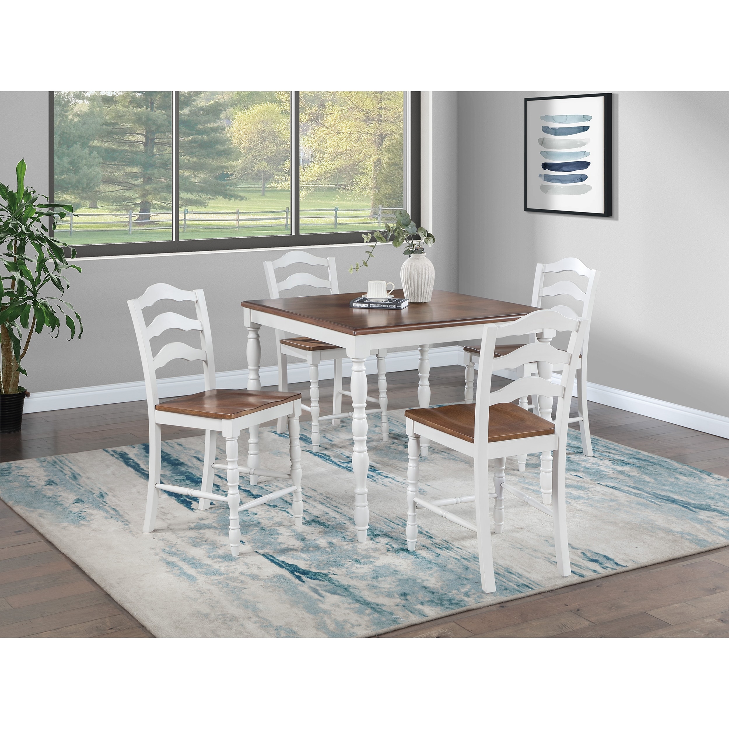 5 Piece Counter-Height Dining Set with Oak Top Table and 4 Ladder Back Chairs