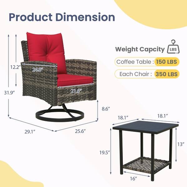 dimension image slide 1 of 6, Outdoor Swivel Rocker Patio Chairs Set of 2 with Coffee Table &Cushions, Rattan Bistro Set for Porch, Backyard, Balcony