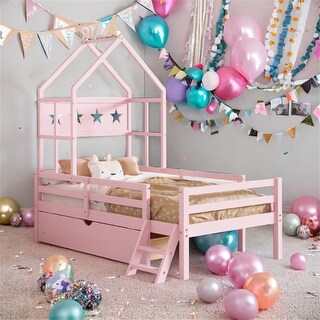 Wood Twin House Bed with Guardrail and Drawer