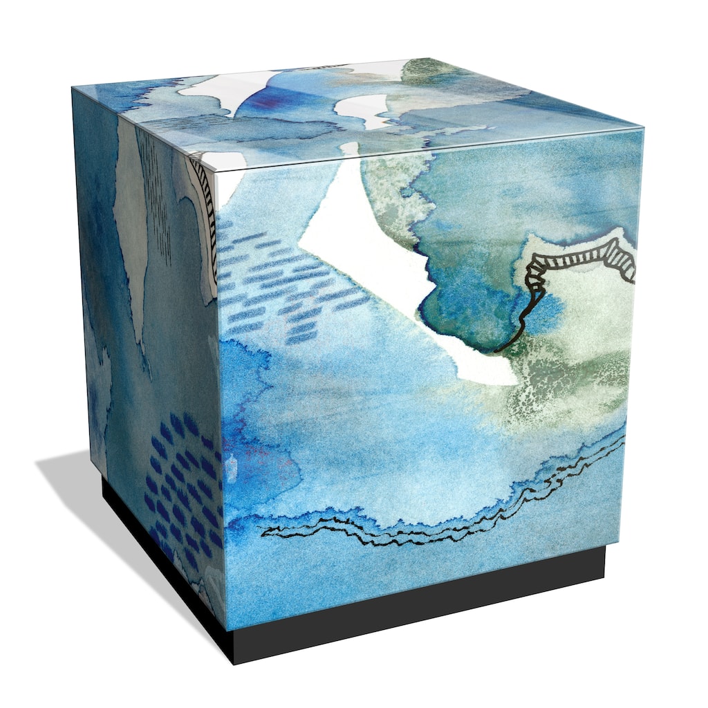 "Subtle Blues I" by Regina Moore Reverse Printed Beveled Art Glass Side Table with Black Plinth Base - 22" x 22" x 22"