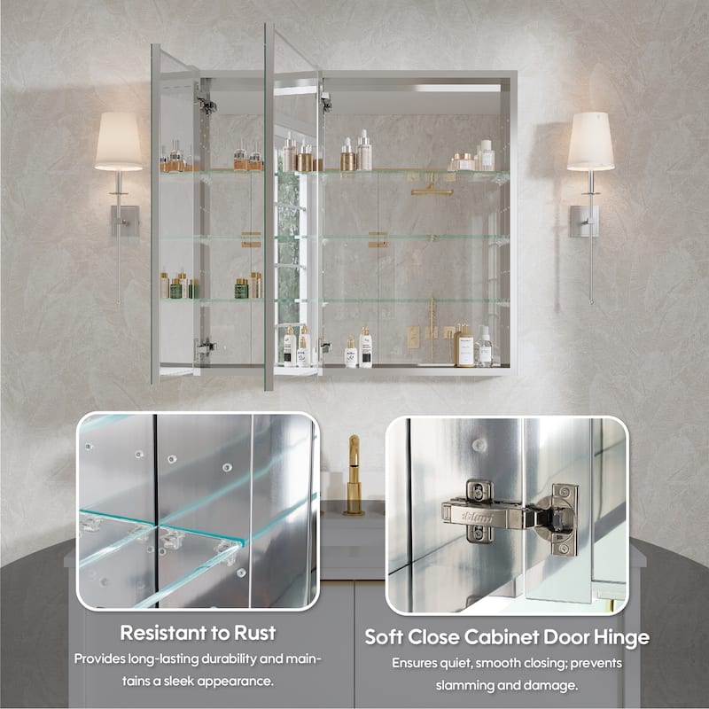 32"W X 30'H Recessed or Surface Wall Mount Bathroom Medicine Cabinet With Adjustable Glass Shelves