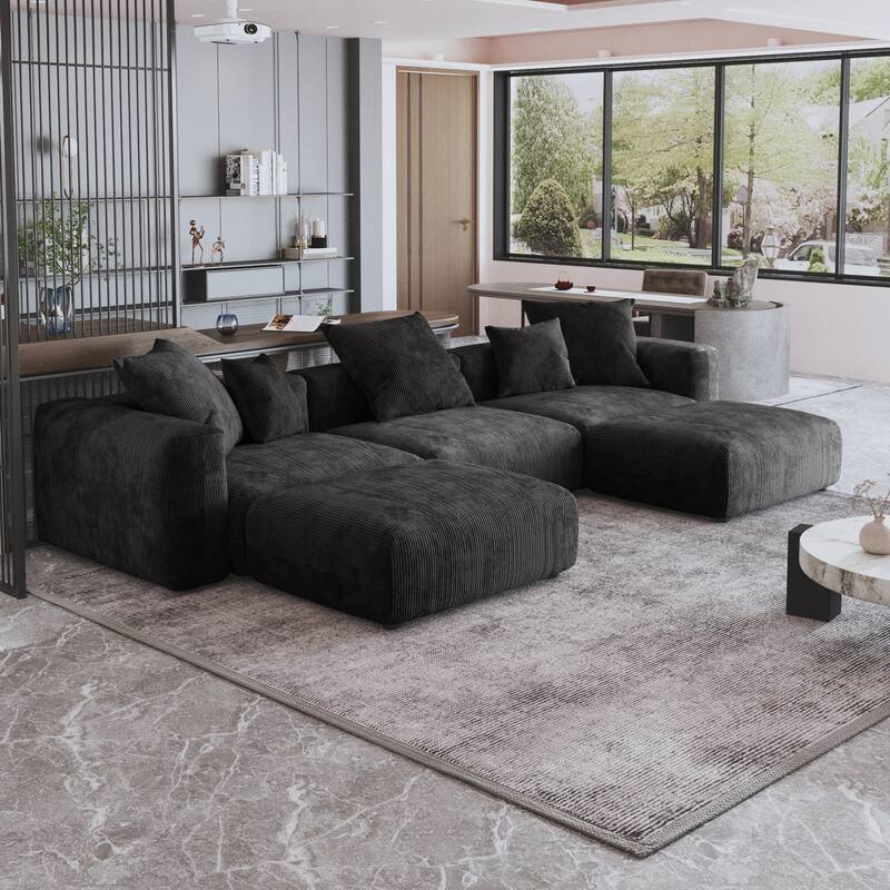 141.73" Modular Sectional Sofa, Corduroy U Shaped Sofa Couch with Ottomans