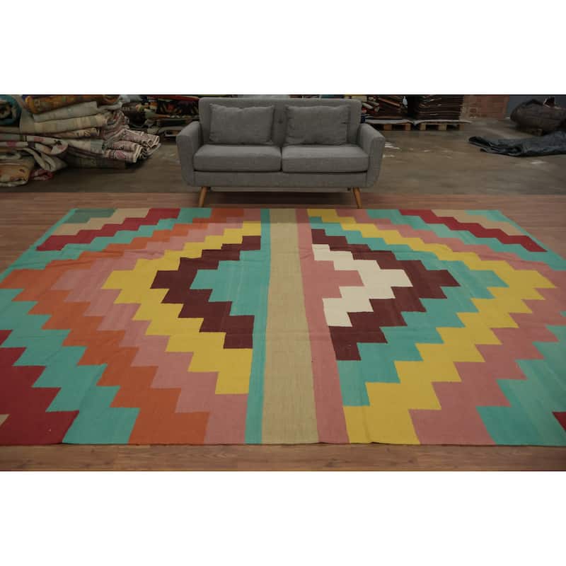 Hand Woven Oriental 100% Wool Carpet Southwestern Modern Multi-Colored Kilim Area Rug - 11' 8'' X 8' 10''