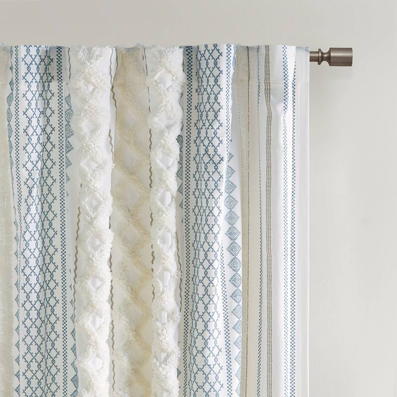 1PC Cotton Printed Curtain Panel with Chenille Stripe and Lining - White/Navy - 84 Inches