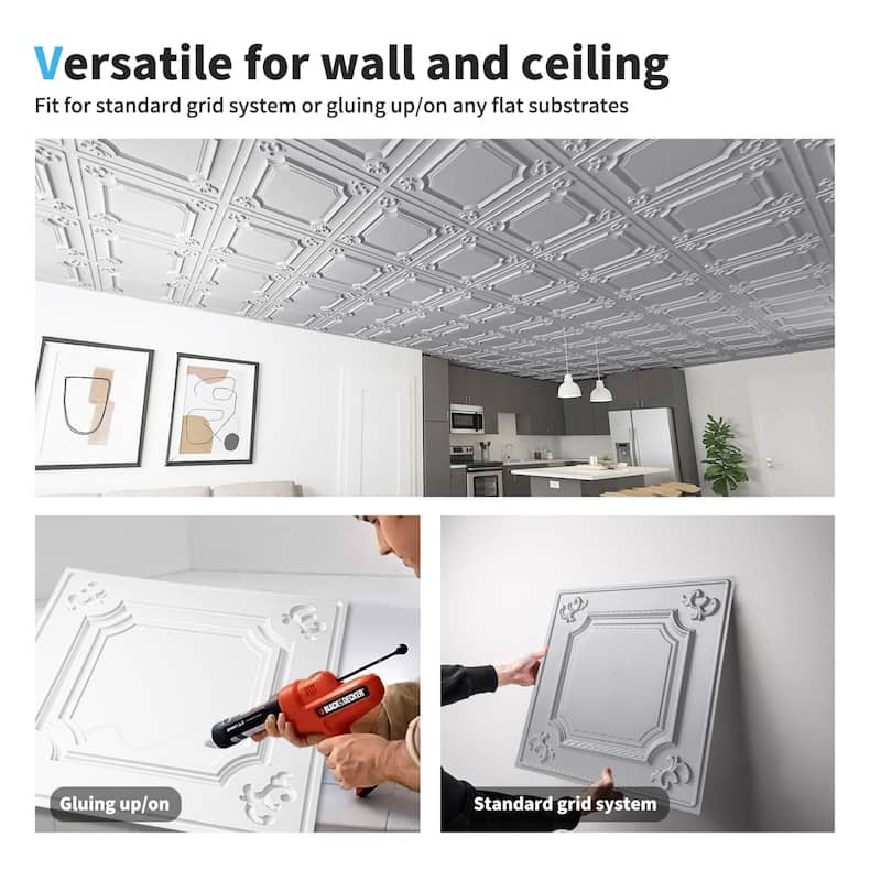 Art3d 2X2ft PVC Drop Ceiling Tiles in Argent Sliver,Glue Up Ceiling Tiles,12pcs