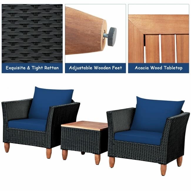 3 Pcs Outdoor Patio Rattan Furniture Set Wooden Table Top Cushioned Sofa - 29" x 27" x 28" (L x W x H)