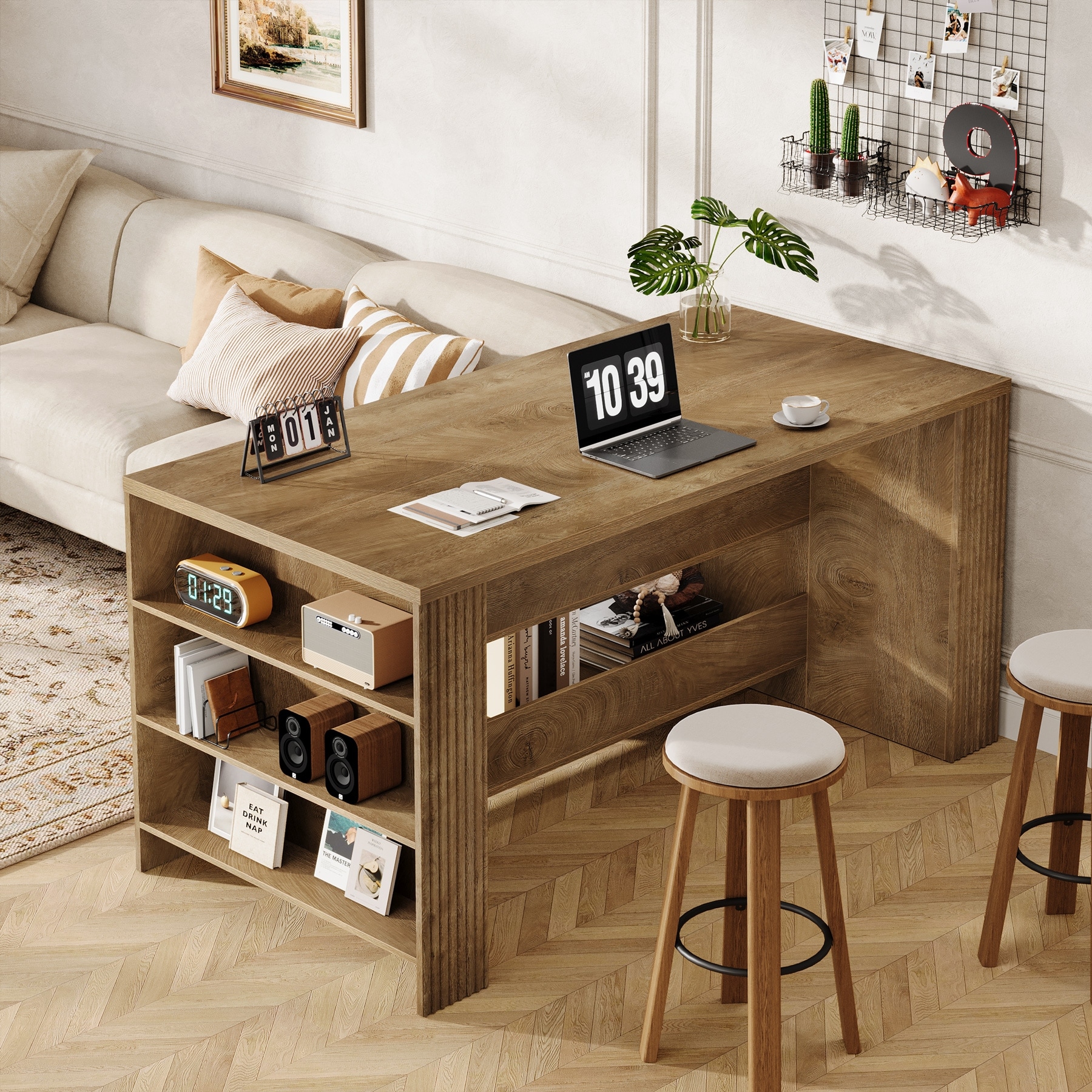 59 Inch Bar Table with Storage Shelves, Farmhouse Wooden Counter