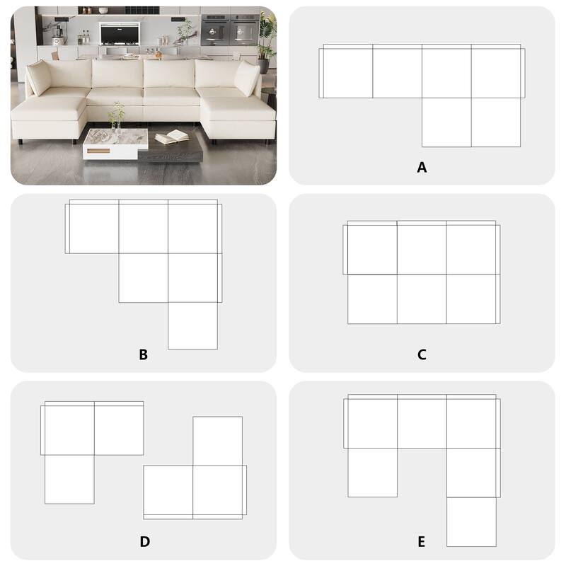 Beige 68'' L-Shaped 6-Seater Modular Sectional Sofa with Storage, Convertible Ottoman, High-Density Foam