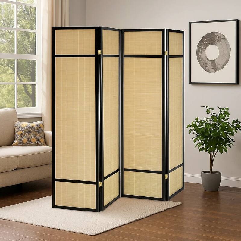 Arce 4 Panel Foldable Privacy Screen, Bamboo, Black Pine Wood Frame