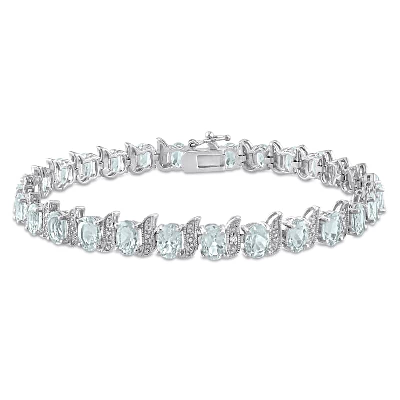Miadora 11 1/5ct TGW Oval Aquamarine Diamond Accent S Link Tennis Bracelet Sterling Silver