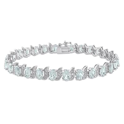 Miadora 11 1/5ct TGW Oval Aquamarine Diamond Accent S Link Tennis Bracelet Sterling Silver