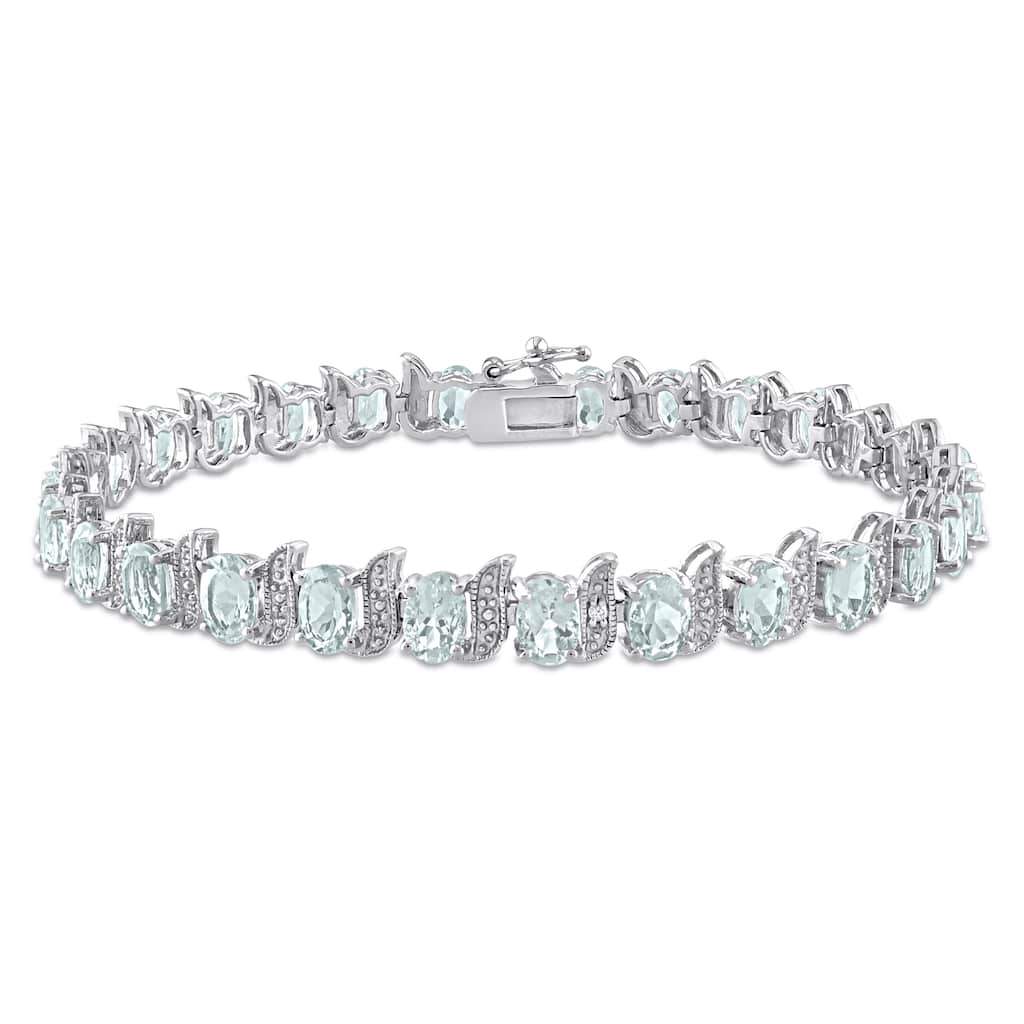 Miadora 11 1/5ct TGW Oval Aquamarine Diamond Accent S Link Tennis Bracelet Sterling Silver