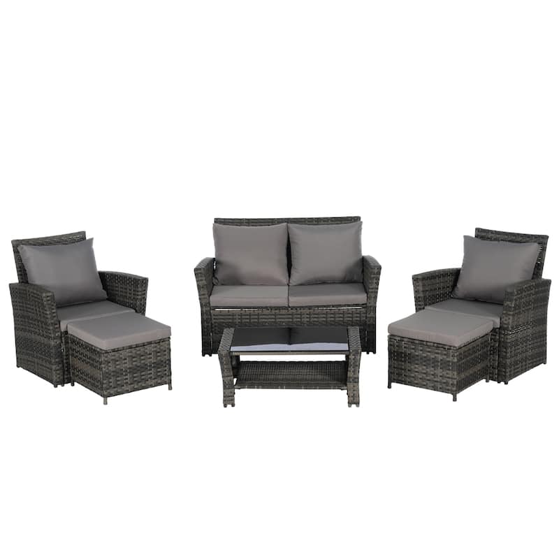 6 PCS Wicker Patio Furniture Sets with Ottoman & Tempered Glass Table - N/A