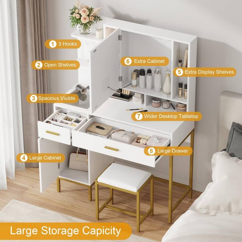 Vanity Table with LED Mirror, Stool, Shelves, Drawers, Cabinets, Charging Station