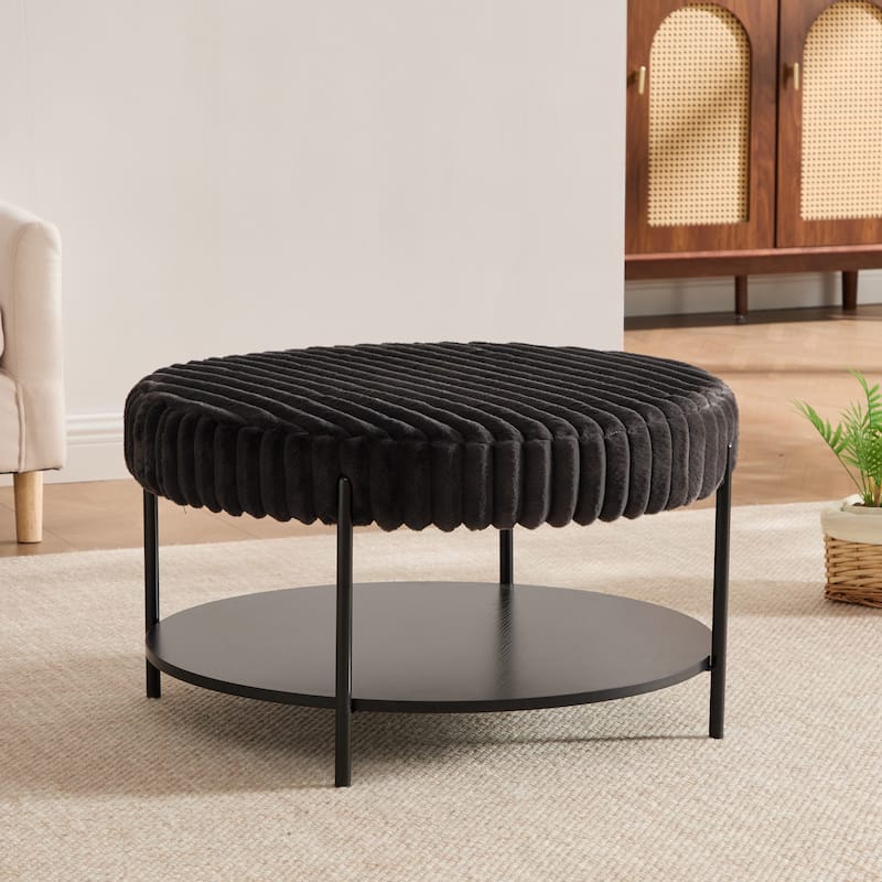30.9"W Upholstered Coffee Table Ottoman,Round Coffee Table Bench with Storage Shelf and Metal Legs