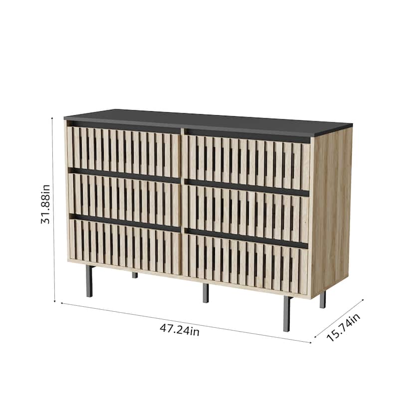 Modern Fluted 6-Drawer Bedroom Storage Cabinet Two-Tone Minimalist Wood Dresser Large Capacity Chest for Home