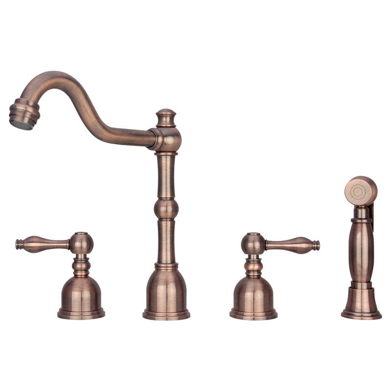 Two-Handles Widespread Kitchen Faucet with Side Sprayer - Antique Copper