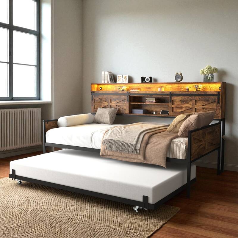 Twin Daybed with Trundle, Farmhouse Barn Door Headboard, Storage Shelf, Charging Station & LED Lights - Brown - Twin