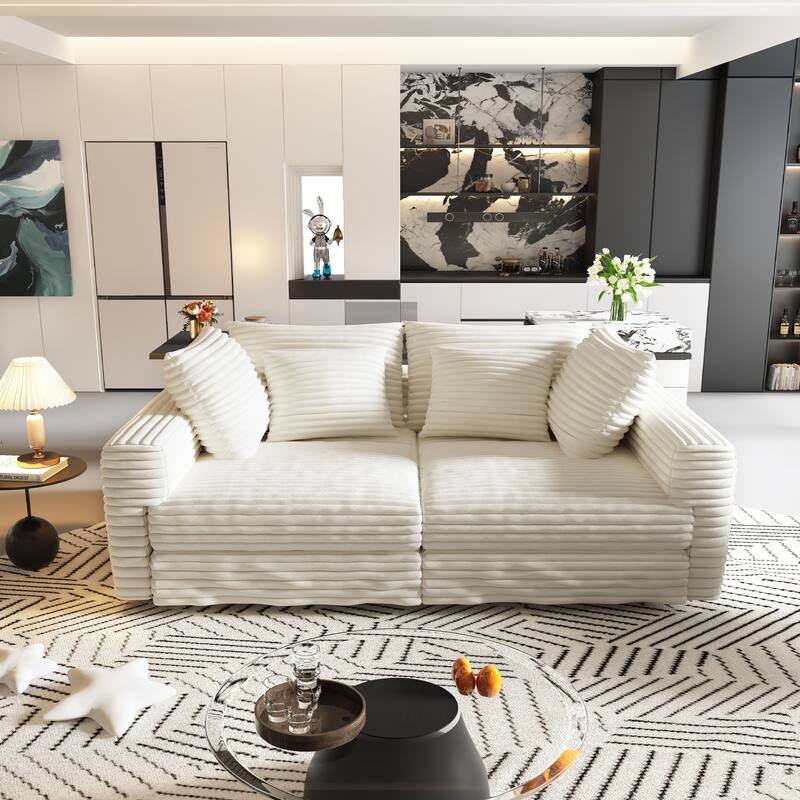 102.4 " Corduroy Modular Sofa, Modern Upholstered Sofa Cloud Couch, Deep Seat Couches w/ Pillows, Movable Ottoman for Apartment