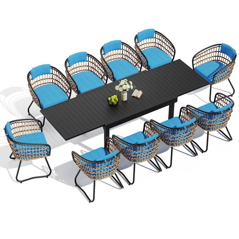 5/7/11-Piece Set Outdoor Aluminum Extendable Patio Dining Table Set with Rattan Chairs