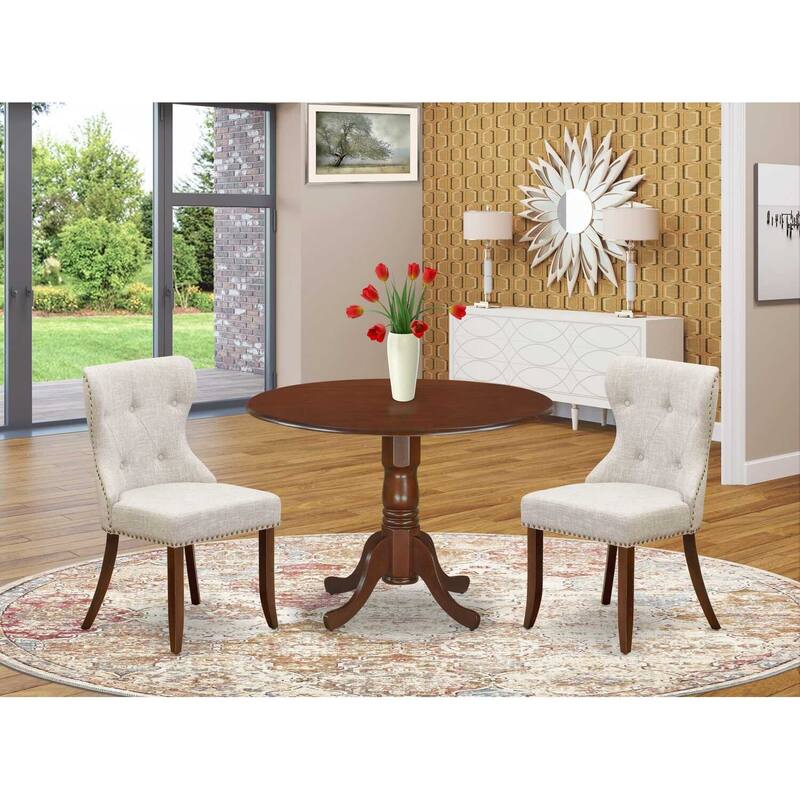 3-Piece Mahogany Finish Solid Wood Top - Round Dining Room Set Seats-4
