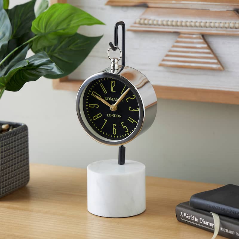 Silver Stainless Steel Suspended Tabletop Clock with Black and White Stand