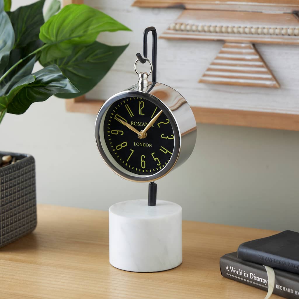 Silver Stainless Steel Suspended Tabletop Clock with Black and White Stand