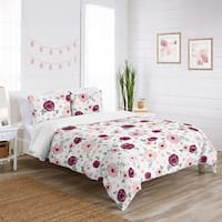 Burgundy and Pink Watercolor Floral Girl 4pc Twin Comforter Set - Blush ...