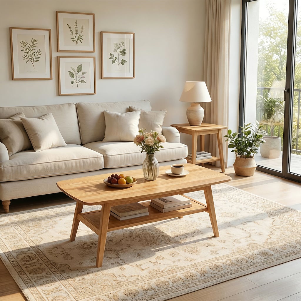Mid Century Modern Coffee Table, 100% Solid Oak Wood Coffee Table with Storage Shelf, 2-Tier Coffee Table with Rounded Corners