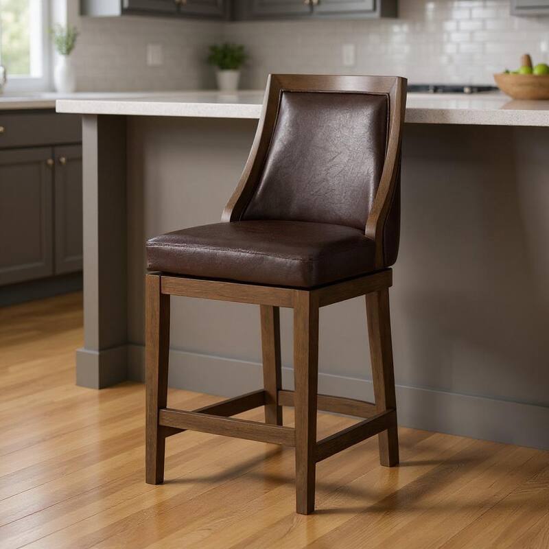 HomeRoots 26" Brown Faux Leather and Solid Wood Counter Height Swivel Bar Chair - Counter Height - Brown - Single
