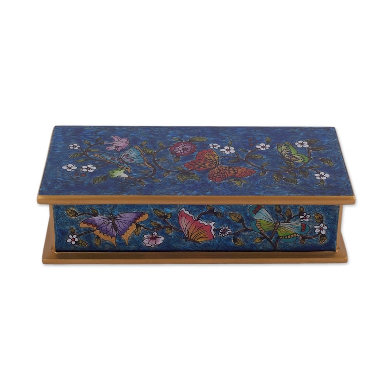 Handmade Butterfly Jubilee In Cyan Reverse Painted Glass Decorative Box (Peru) - 2" H x 7.75" W x 3.9" D
